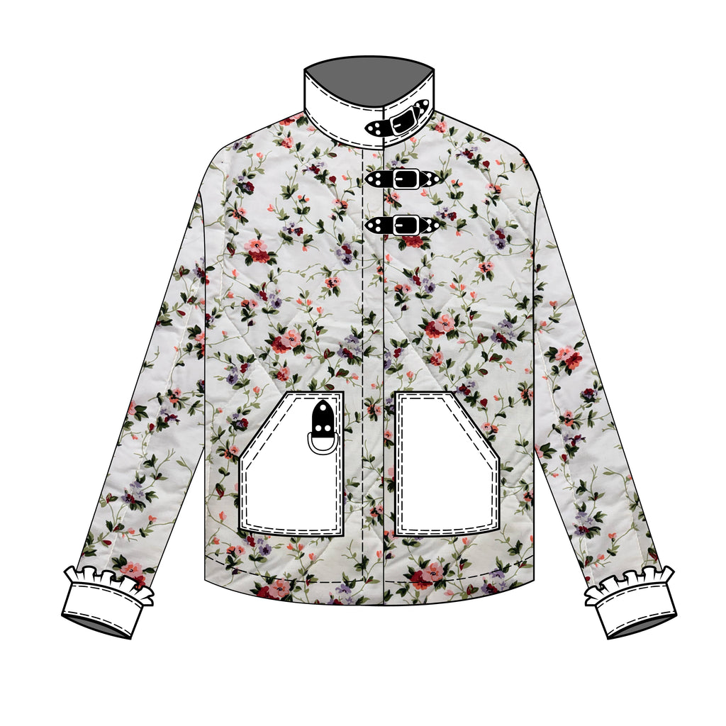 Floral-patterned jacket on a mannequin against a white background