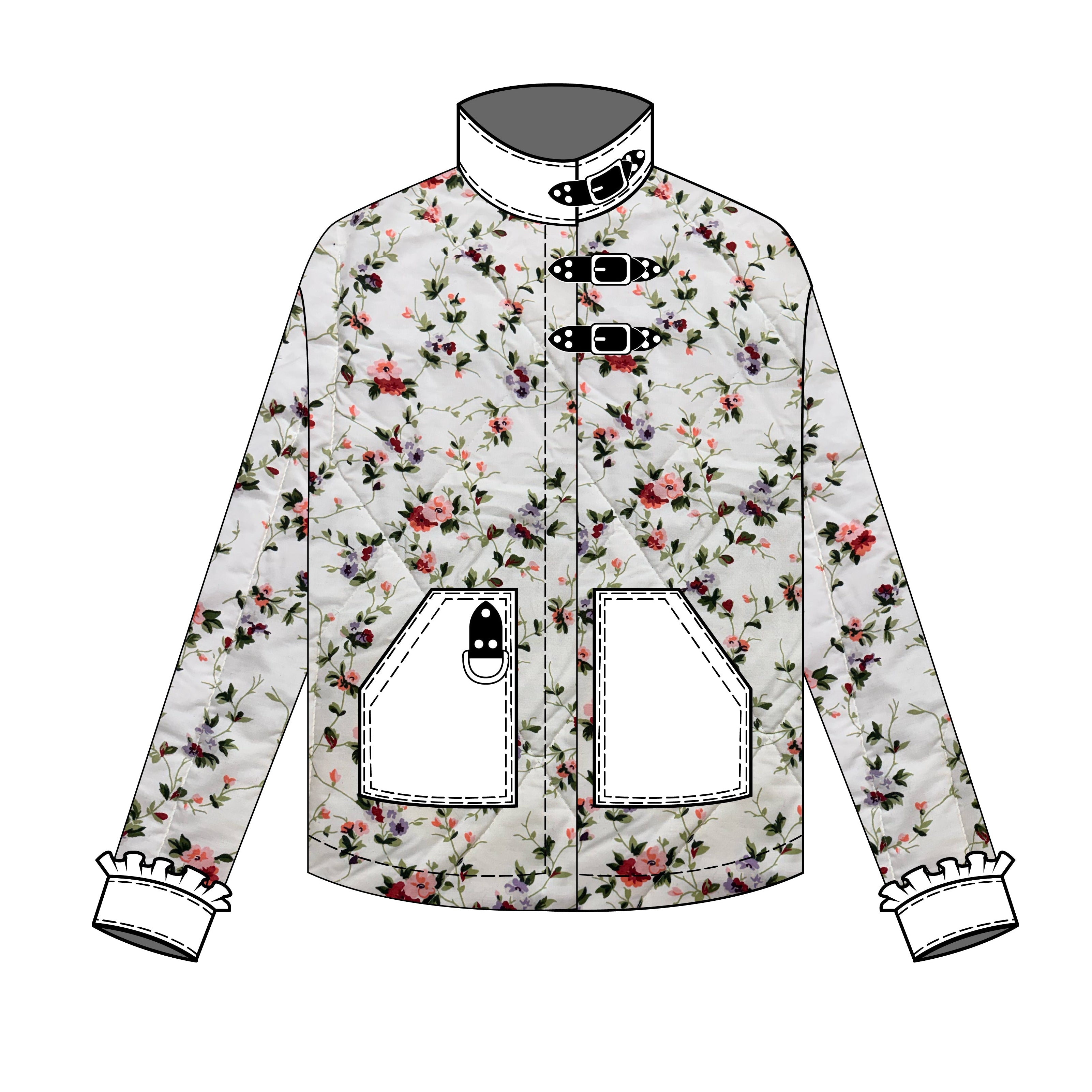 Floral-patterned jacket on a mannequin against a white background